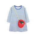 Robe rayée bleue pour fille avec bandoulière fleurie et détail sac fraise rouge - 6 ans (120cm) / Bas / Rayures Bleues et Blanches (1634)