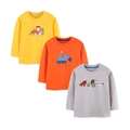 Dreierpack langärmelige Baumwoll-T-Shirts für Jungen mit bunten Fahrzeug-Motiven - 2Y(90cm) / Gelb+Orange+Grau Set