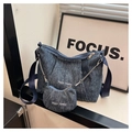 Dettagli del set borsa in tela blu con ricamo Happy Sunday e piccolo portamonete - Denim Blu Scuro