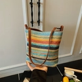 Sac fourre-tout tissé à rayures colorées avec lanières en cuir marron style d'été - Multicolore Sans Charme