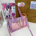 Sac ita rose holographique Y2K avec breloques cœur et chaîne argentée, style bandoulière - Rose