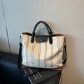 Borsa tote in tela a righe crema con strisce marroni e manici in pelle nera - Bianco Crema a Righe