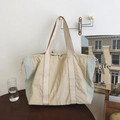 Large beige and green patchwork tote bag with drawstring closure and wide straps - Camel and Green