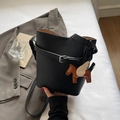 Elegant black litchi texture bucket bag with horse charm and silver buckle detail - Black (With Pegasus Charm)