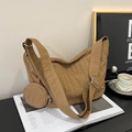 Khaki pleated crossbody dumpling bag with matching mini round pouch and wide strap - Brown