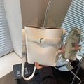 Chic off-white lychee leather bucket bag with silver buckle and pink pegasus charm strap - White (With Pegasus Charm)