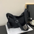 Fashionable black nylon croissant bag with wide shoulder strap and detachable coin purse - Black