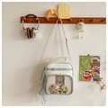 Detail of white Ita bag with clear window showing anime badges and light blue piping - Blue