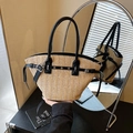 Sac cabas en paille tissée avec anses en cuir noir et boucles métalliques argentées - Noir