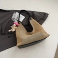 Beige straw tote bag with black leather handles and pink dog plush charm decoration - Black with Pendant