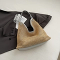 Straw woven tote bag with metallic silver trim and U-shaped handle design - Silver No Pendant