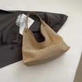 Straw tote bag in beige weave with brown leather trim and slim shoulder straps - Khaki No Pendant