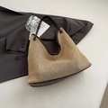 Retro khaki straw hobo bag featuring dark brown leather trim and large capacity style - Coffee without Pendant