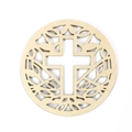 Macro shot of laser-cut wooden coaster showing intricate cross and leaf patterns - Symmetrical Leaf Cross (Wooden Mat-21)