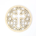 Round laser-cut wooden coaster with central cross motif and intricate geometric hollow patterns - Geometric Hollow Cross (Wooden Mat-22)