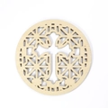 Close-up of laser-cut wooden coaster with hollow cross and geometric patterns - Celtic Knot Cross (Wooden Mat-23)