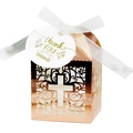 Rose gold laser-cut cross gift box with white ribbon and Thank You tag for weddings - Reflective Rose Gold
