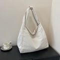 Large capacity off-white checkered canvas tote bag with wide shoulder strap - White