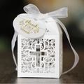 Laser cut white pearl paper favor box with cross design, white ribbon and thank you tag - White