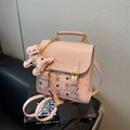 Pink cartoon bear PU backpack with adjustable straps and cute bear charm pendant - Pink with Pendant
