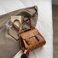 Brown leather teddy bear satchel backpack with vintage flap and buckle straps - Brown No Pendant