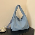 Light blue gingham canvas tote bag with adjustable strap and stylish knot detail - Blue