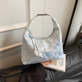 Light blue embroidered jacquard handbag with 3D butterfly decor and pearl charm - Blue