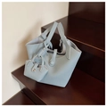 Detail of light blue bucket bag with pebble grain texture and matching mini pouch - Blue