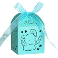 Detail view of light blue elephant laser cut favor box with heart and organza ribbon - Turquoise Blue