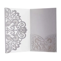 Silver laser cut wedding invitation cover with mandala pattern on pearlescent paper - White
