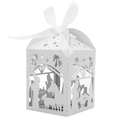 Scatola per dolci di Natale tagliata al laser con scena della natività e nastro bianco - Bianco