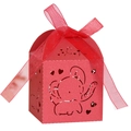 Detailed laser-cut red paper candy box with elephant and heart patterns and ribbon - Pearlescent Red