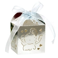 Detail of silver laser-cut elephant candy box with blue chiffon ribbon and heart pattern - Reflective Silver