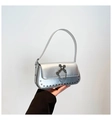 Silver punk style baguette bag with cross buckle, chains and metallic rivet details - Silver