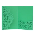 Close-up of mint green laser-cut floral wedding invitation cover with interior card pocket - Dark Green