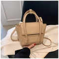 Beige faux leather trapezoid handbag with gold rivets and detachable shoulder strap - Khaki