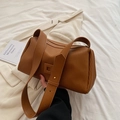 Brown pleated faux leather pillow bag with wide shoulder straps and golden zipper - Brown