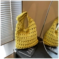Handmade yellow crochet knit tote bag with a hollow grid design and sturdy handle - Yellow