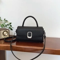 Classic black woven texture handbag with silver metal buckle and shoulder strap - Black