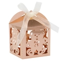 Close-up of rose gold hollow bear candy box with laser-cut detail and white ribbon - Mirror Rose Gold