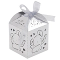 Macro shot of silver laser-cut elephant candy box with a grey ribbon bow for parties - 5*5*8CM / Mirror Silver