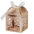 Caja de dulces de cruz calada en oro rosa con cinta blanca para bodas y fiestas - Oro Rosa Espejo