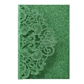 Macro detail of laser-cut lace pattern on green glitter cardstock wedding invitation - Glitter Dark Green