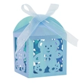 Detail of light blue hollowed-out bear candy box with an elegant ribbon bow for party favor - Rainbow Blue