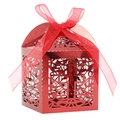 Detail of red laser-cut wedding favor box with cross pattern and silk ribbon - Mirror Red
