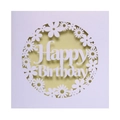 Macro shot of laser-cut floral daisy patterns on a white Happy Birthday greeting card - White With Starry Green Inner