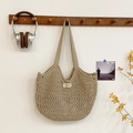 Beige hand-knitted mesh tote bag with openwork crochet design for summer vacation - Gray