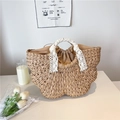 Handwoven straw tote bag with lace-wrapped circular handles and drawstring inner pouch - Khaki Large