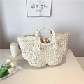 Creamy white woven straw handbag with lace handle and drawstring lining for summer vacation - Beige White Large