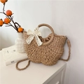 Handmade semi-circle straw crossbody bag in natural wood color with white lace bow detail - Khaki Small